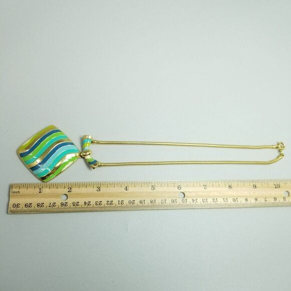 Vintage Blue Green Enamel Square Large Pendant Necklace, Gold Tone Setting - Picture 5 of 7